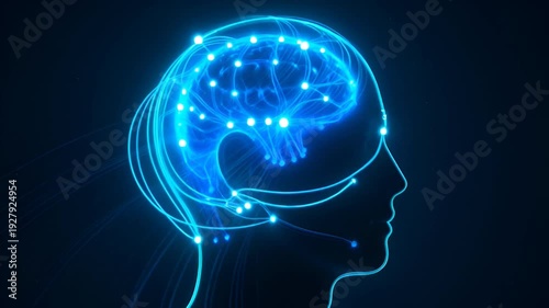 Abstract glowing blue neural network in human head silhouette, representing AI, cognition, and digital thought processes, ideal for technology and science concepts.