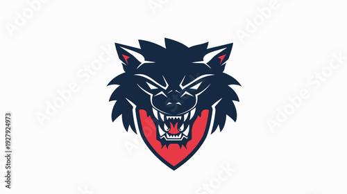 Graphic illustration of a ferocious wolf head with sharp teeth on white background