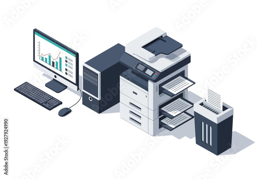 Modern office workflow illustration computer, multifunction printer, and paper shredder for efficient document management, data processing, and secure information disposal