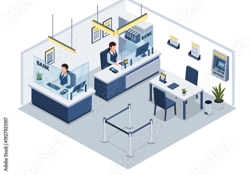 Modern Isometric Bank Interior Illustration Depicting Tellers, Customer Service Desks, and Financial Operations in a Professional and Organized Environment