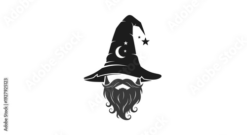 Stylized wizard illustration with hat beard and celestial symbols