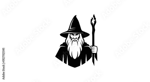 Black and white illustration of a wizard with a staff and hat