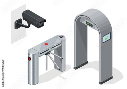 Vector illustration of modern security systems, including a surveillance camera, a tripod turnstile barrier, and an electronic entrance gate