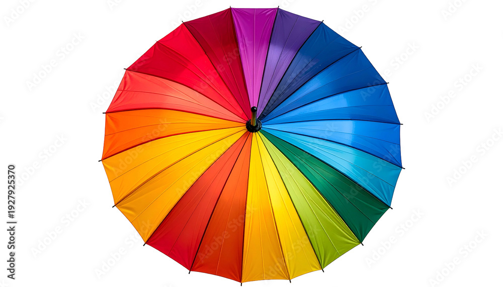 Obraz premium Top-down view of an open rainbow-colored umbrella against a dark background