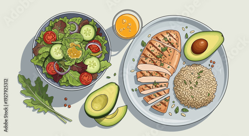 Healthy meal with grilled salmon, quinoa, salad, and avocado.