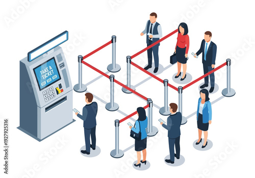 People queuing at an automated self-service ticket kiosk, using smartphones for efficient digital transactions. Modern customer flow and streamlined public service experience