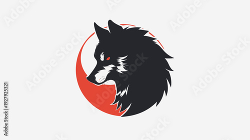 Stylized wolf head silhouette with red eyes inside a red circular shape