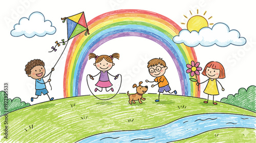 Happy children playing in a vibrant green park with a colorful rainbow and sun