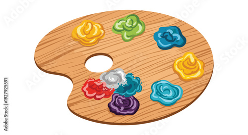 A vibrant illustration of a wooden artist's palette with dabs of colorful oil or acrylic paint, isolated on a white background.