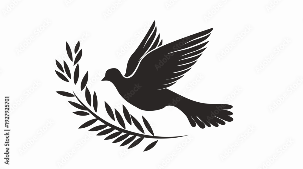 Fototapeta premium Black dove with olive branch on white background for peace and freedom