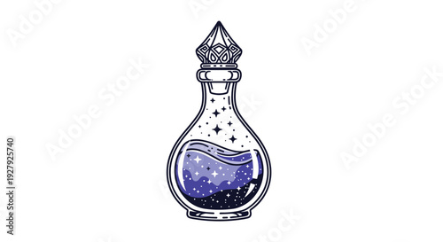 A magical potion bottle filled with a starry purple galaxy liquid, stoppered with an ornate crystal, isolated on a white background.