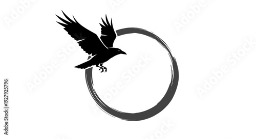 Black raven in flight inside a brush stroke circle vector illustration