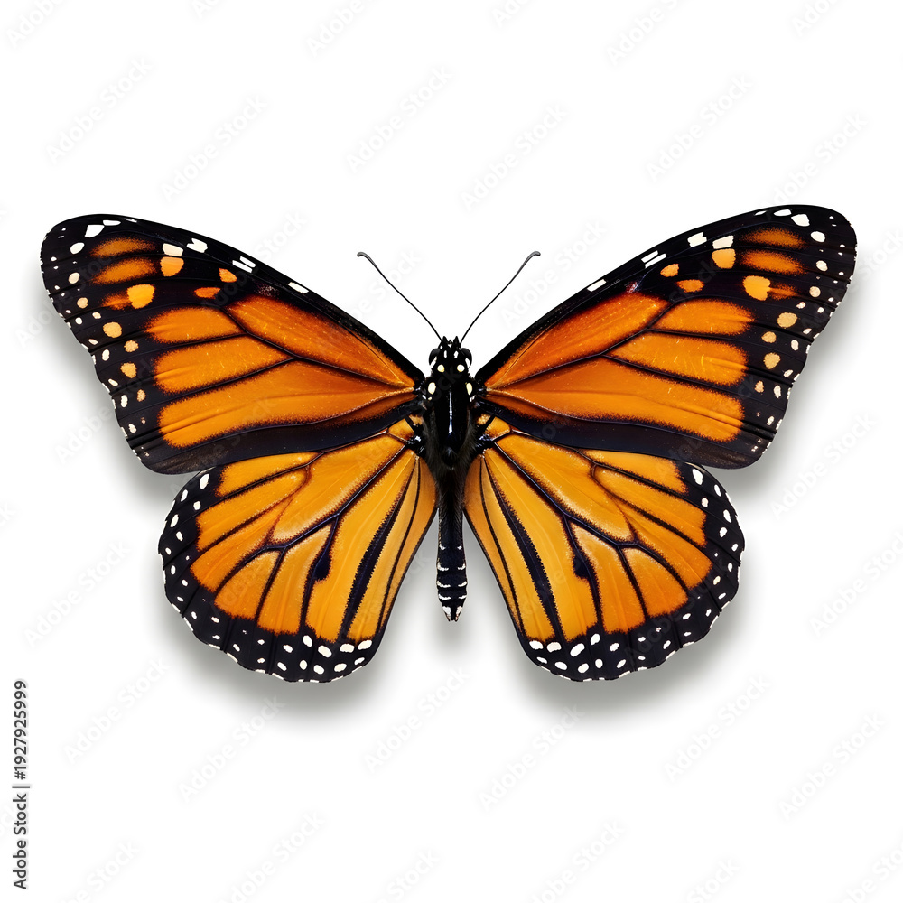 Fototapeta premium Vibrant Monarch Butterfly with Open Wings Isolated on White Background, Delicate Nature Insect