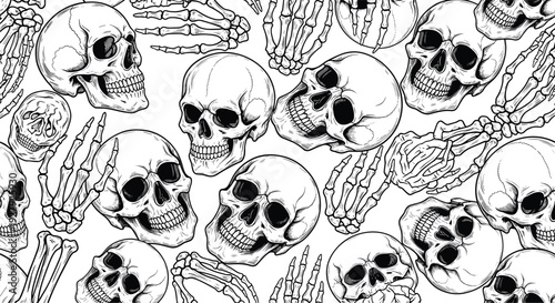 A spooky seamless pattern of hand-drawn human skulls and skeleton hands, illustrated in a black and white vintage engraving style.