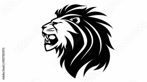 Roaring lion head silhouette in black and white against a white backdrop