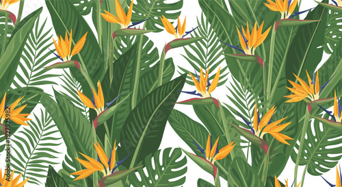 A lush, tropical seamless pattern featuring vibrant bird of paradise flowers, monstera, and palm leaves on a clean white background.