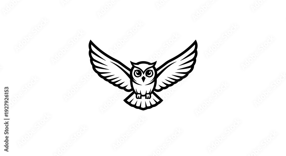 Obraz premium Owl illustration with extended wings in black and white against a white background
