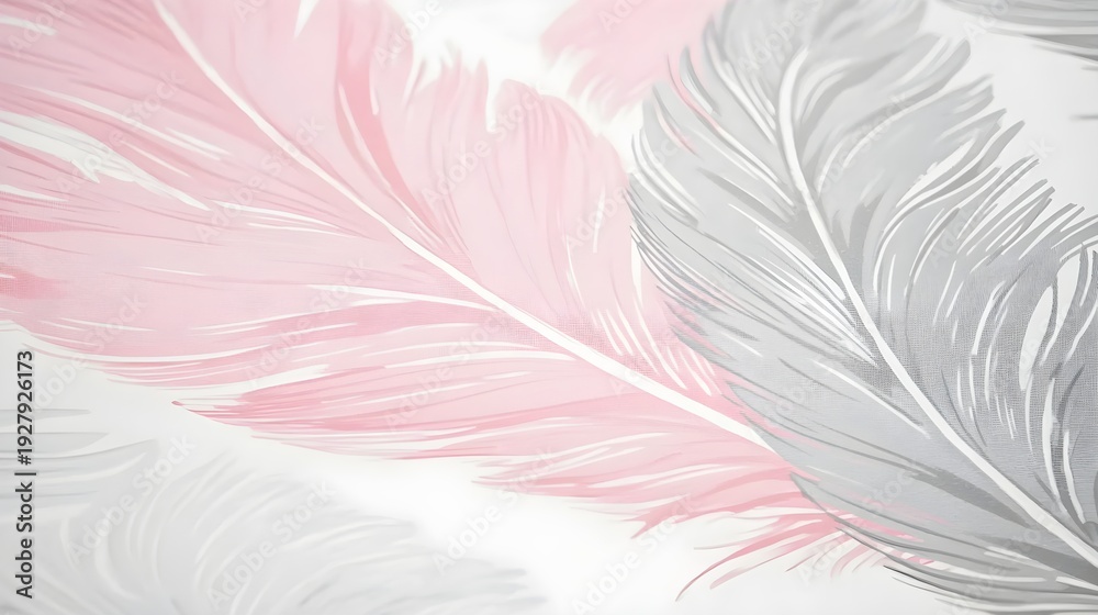 Fototapeta premium Close up of pink and grey feathers on white background
