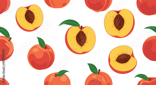 Seamless repeating pattern of vibrant, juicy peaches, both whole and sliced in half, on a clean white background for textiles.