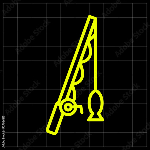 Fishing Rod with Hook and Fish Neon Yellow Line Art Icon. High-quality neon yellow fishing rod icon for outdoor activity apps, hobby websites, or fishing equipment marketing materials.