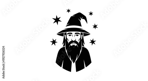 Mystical wizard illustration with hat and stars silhouette against white background