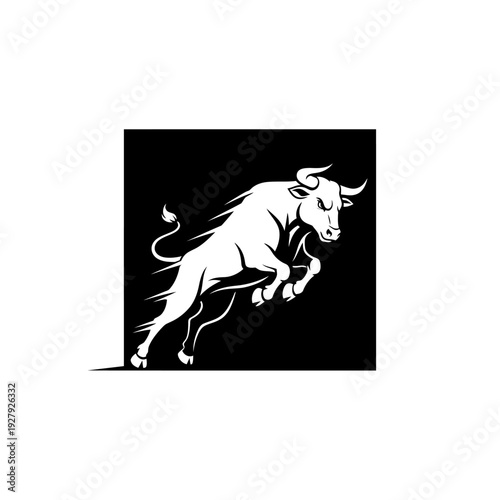 Stylized white bull charging with front legs raised against black