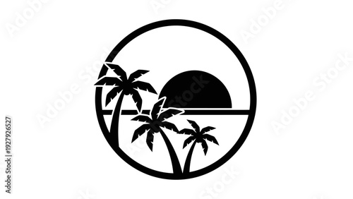 Black and white tropical sunset silhouette with palm trees in a circle