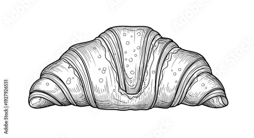 Classic French croissant pastry in a highly detailed black and white vintage engraving style, isolated on a white background.