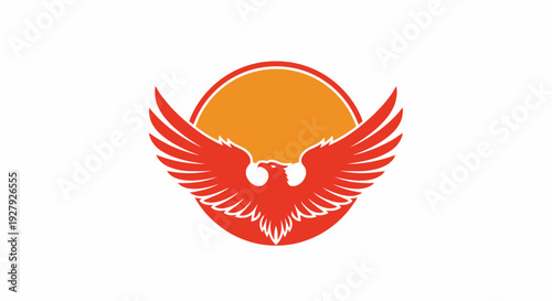 Abstract phoenix rising symbol with wings spread against a warm sunset background