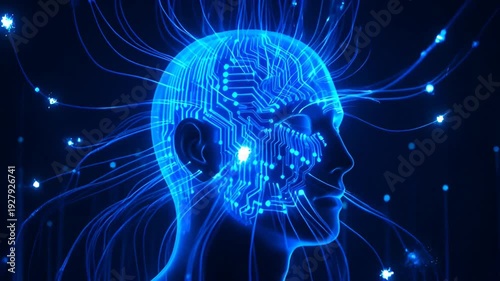 Futuristic human head with circuit board brain and glowing network connections