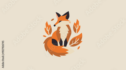 Stylized illustration of a fox surrounded by autumn leaves on beige background
