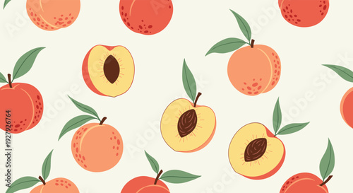 Charming seamless pattern of fresh peaches, both whole and sliced, on a light cream background for a summer-themed design.