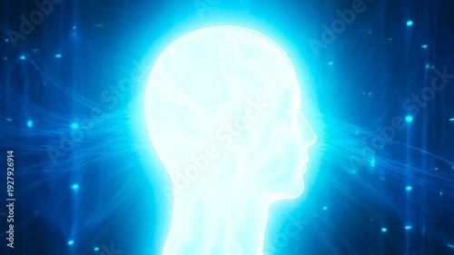 Futuristic glowing head with circuit board inside a blue space environment
