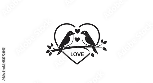 Two birds perched on a branch inside a heart shape with love text