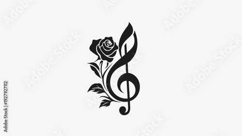 Elegant black rose and musical treble clef graphic design on white