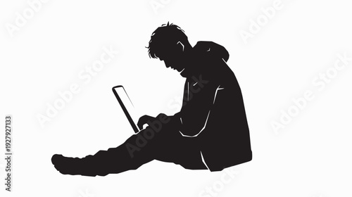 Silhouette of person using tablet computer on white background