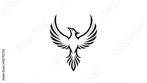 Elegant phoenix symbol black and white illustration on clean white background