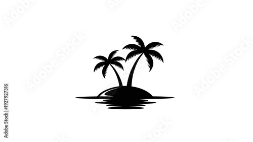 Black and white tropical island silhouette with palm trees on white background