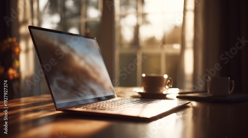 In a serene morning light, a laptop awaits inspiration, accompanied by steaming cups of coffee on a warm wooden table by large windows