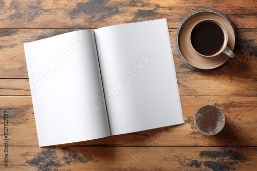 Coffee and creativity flow as a blank page awaits inspiration on a rustic wooden table in the warm light of a cozy morning