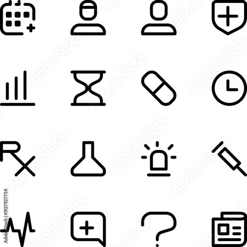 Line healthcare, medical icons for web and app, 12 x 12px, created on pixel grid, pixel perfect: calendar, doctor, user, health insurance, chart, capsule, rx, lab results, emergency, vaccine, ecg