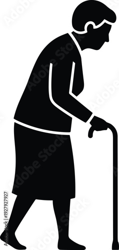 Vector Silhouette of an Elderly Senior Woman Walking With a Stick Representing Aging Healthcare Geriatric Care and Longevity