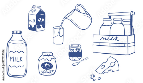 Hand drawn milk doodle sketch set. Milk, yogurt, cheese menu icon collection.