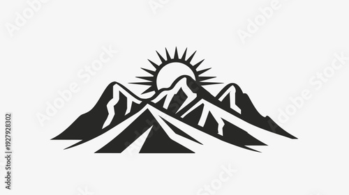 Mountain range silhouette with rising sun symbol for outdoor adventure designs