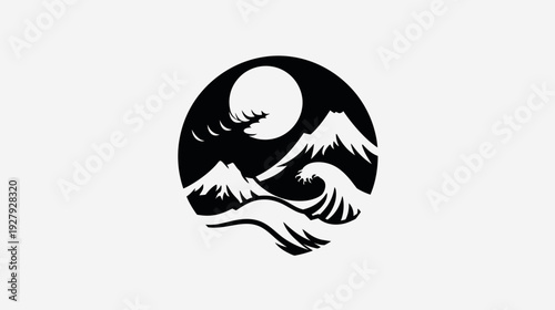 Stylized black and white illustration of mountains and ocean landscape