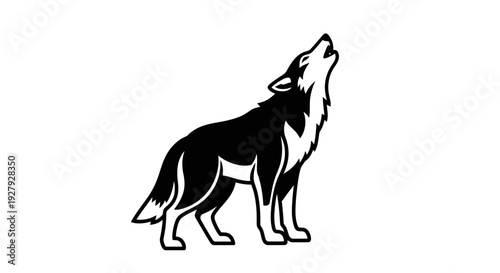 Black and white wolf silhouette howling against white background