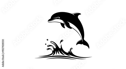 Jumping dolphin silhouette aquatic mammal in action against white background