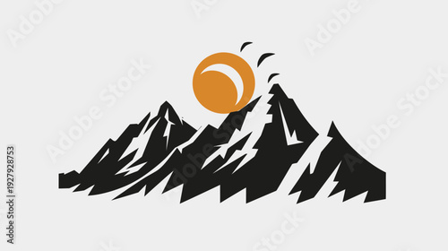 Mountain silhouette with rising sun symbol against a white backdrop
