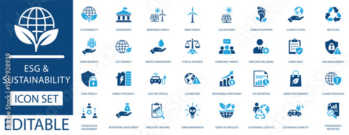 ESG and Sustainability icon set featuring eco-friendly, renewable energy, and corporate governance symbols. Professional blue vector icons for green business and climate action.