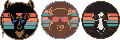 A stylish deer, bison, and cow confidently wearing cool sunglasses over colorful retro stripes